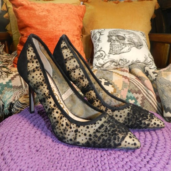 Sam Edelman Shoes - Sam Edelman Womens Black Lace Polka Dot High Heeled Close Toed Shoes Size 7 1/2